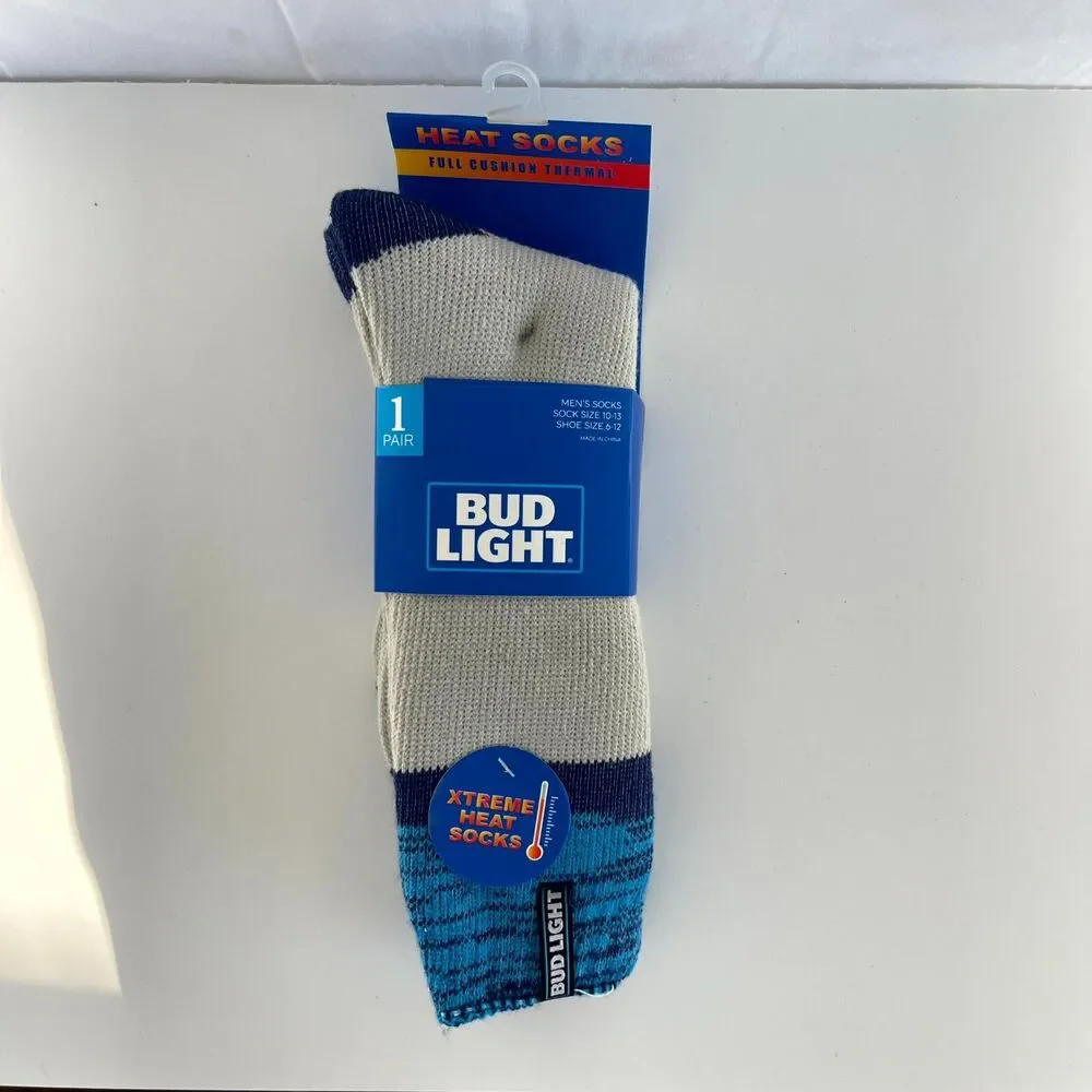 Bud‎ Light Men's Heat Socks Full Cushion Thermal Crew Sock Size 10-13 Navy Blue